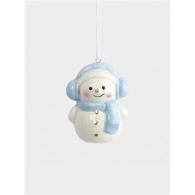 Игрушка елочная, 9 см, керамика, бело-голубая, Снеговик в наушниках и шарфе, Snowman