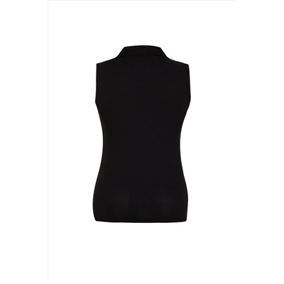 Siyah Fitted/Vücuda Oturan Polo Yaka Esnek Örme Büyük Beden Bluz TBBSS24AF00065