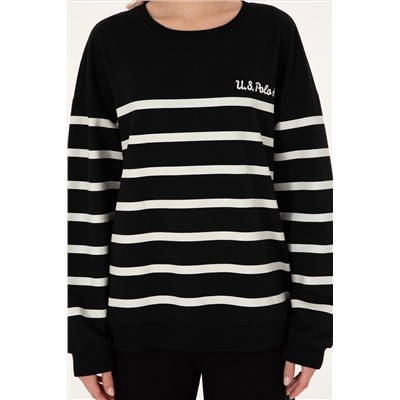 Kadın Siyah Çizgili Bisiklet Yaka Sweatshirt
