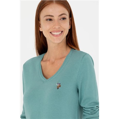 Kadın Mint V- Yaka Basic Kazak