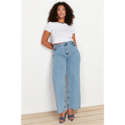 Açık Mavi Yüksek Bel Geniş Paça Denim Büyük Beden Jeans TBBSS24CJ00028