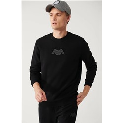 Avva Erkek Siyah Şardonlu Kumaş Bisiklet Yaka Flok Baskılı Sweatshirt A32Y1273