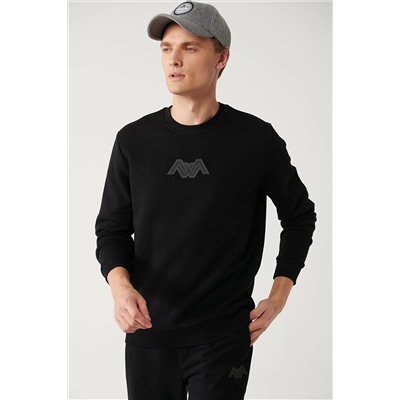 Avva Erkek Siyah Şardonlu Kumaş Bisiklet Yaka Flok Baskılı Sweatshirt A32Y1273