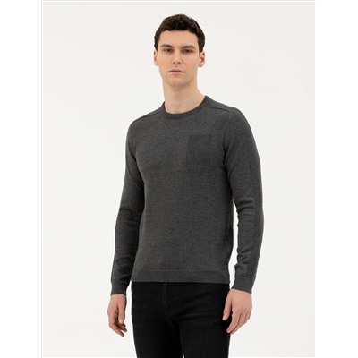 Koyu Gri Slim Fit Bisiklet Yaka Triko Kazak