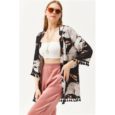 Olalook, Kadın Palmiye Siyah Püsküllü Salaş Örme Kimono KMN-00000056