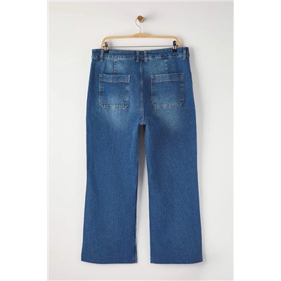 Mavi Yüksek Bel Paçası Kesikli Straight Fit Denim Büyük Beden Jeans TBBAW26CJ00033