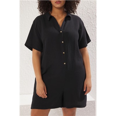 Siyah Regular Fit Müslin Dokuma Kumaş %100 Pamuklu Plaj Giyim Büyük Beden Tulum TBBSS25BG00000