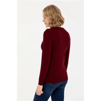 Kadın Bordo V - Yaka Basic Kazak