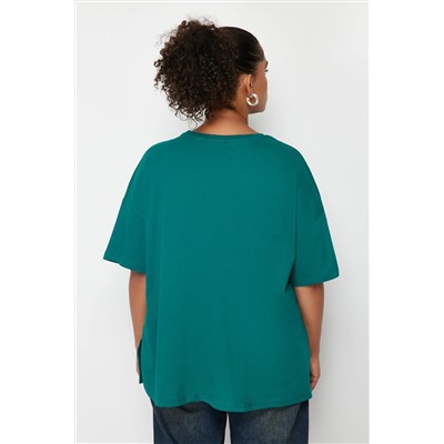 Yeşil Geniş Kalıp Bisiklet Yaka Baskılı %100 Pamuk Örme T-shirt TBBSS23AH00131