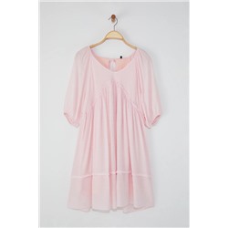 Pembe Balon Kol Crinkle Mini Dokuma Büyük Beden Elbise TBBSS25AH00168