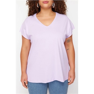 Lila V Yaka Yırtmaçlı Basic Örme T-Shirt TBBSS22BF0036