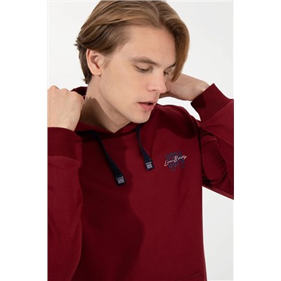 Erkek Vişne Kapüşonlu Basic Sweatshirt