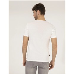 Ekru Slim Fit Baskılı Bisiklet Yaka Tişört