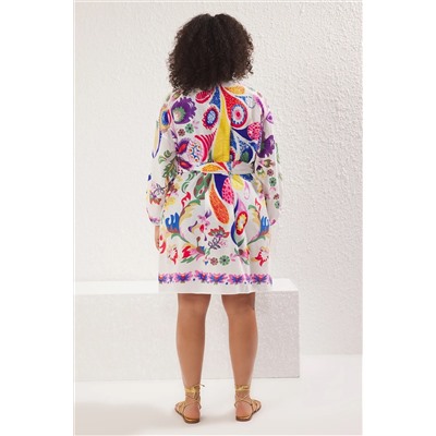 Çok Renkli Çiçek Desenli Kuşaklı Mini Dokuma Balon Kollu %100 Pamuklu Kimono&Kaftan TBBSS25DE00001