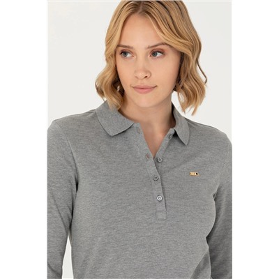 Kadın Gri Melanj Basic Polo Yaka Sweatshirt