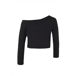 Siyah-Beyaz 2'li Paket %100 Pamuk Asimetrik Kayık Yaka Crop Örme T-Shirt TBBAW26BF00001