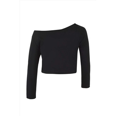 Siyah-Beyaz 2'li Paket %100 Pamuk Asimetrik Kayık Yaka Crop Örme T-Shirt TBBAW26BF00001