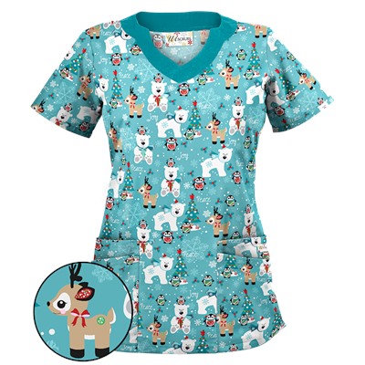 UA Antarctic Christmas Amazing Aqua Print Scrub Top