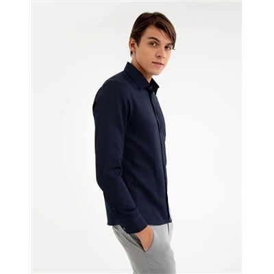 Lacivert Slim Fit Armürlü Klasik Gömlek