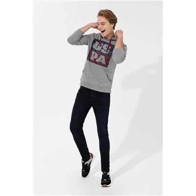 Erkek Gri Melanj Kapüşonlu Sweatshirt