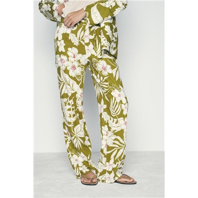 LINEN BLEND FLORAL PRINT TROUSERS