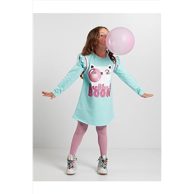 Denokids Sakızlı Kedi Kız Mint Elbise CFF-19S1-013