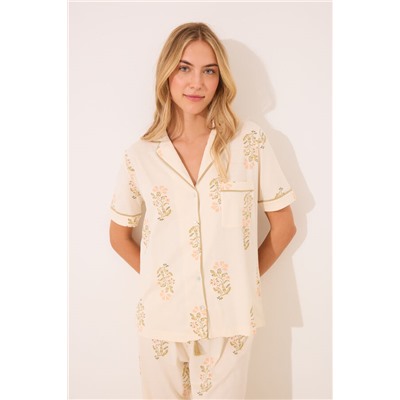 Pijama largo camisero marfil algodón