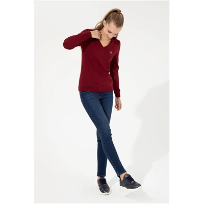 Kadın Bordo V - Yaka Basic Kazak