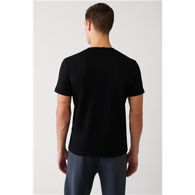 Siyah Bisiklet Yaka Kısa Kollu Flok Baskılı Regular Fit Standart Kesim T-Shirt