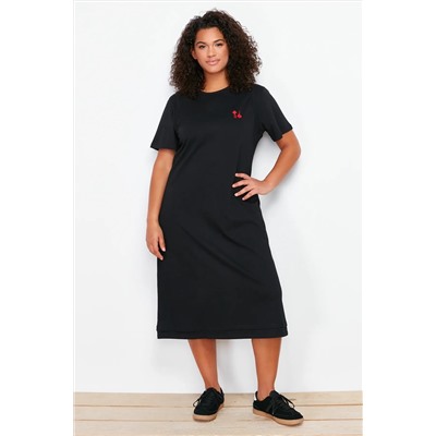 Siyah Nakış Detaylı Örme Maxi/Uzun %100 Pamuk T-shirt Elbise TBBSS24AH00084