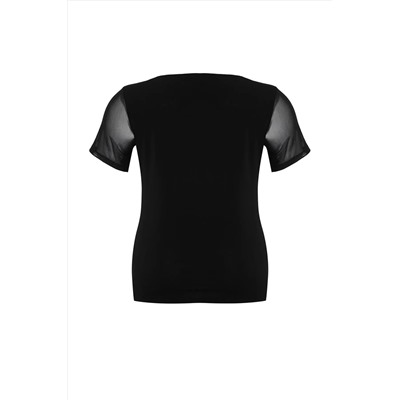 Siyah Kalp Yaka Mesh Detaylı Örme Bluz TBBSS24AF00046