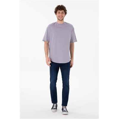 Erkek Long Fit Bisiklet Yaka Gri Basic Tişört