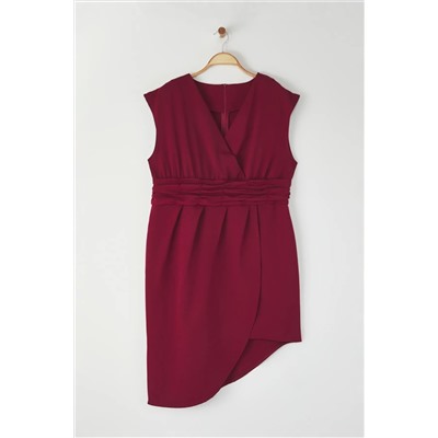 Bordo Dokuma Beli Büzgülü Elbise TBBSS22AH0247