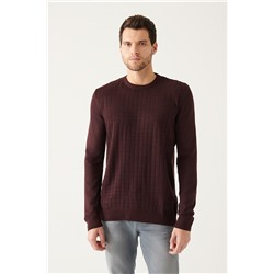 Bordo Bisiklet Yaka Önü Dokulu Regular Fit Triko Kazak