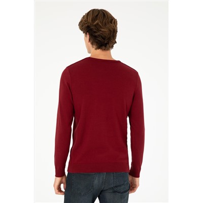Erkek Slim Fit Bisiklet Yaka Bordo Basic Kazak