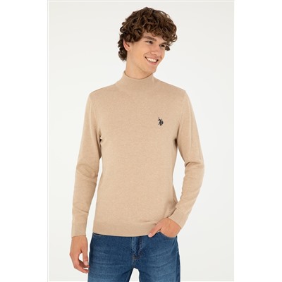 Erkek Slim Fit Yarım Boğazlı Kum Melanj Basic Kazak