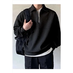 GENIUS STORESTORE Erkek Polo Yaka Oversize Sweatshirt Yarım Fermuar Sweatshirt