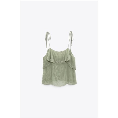 WRINKLED TOP WITH EMBROIDERED TIES