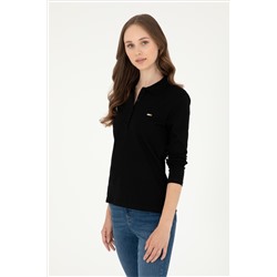 Kadın Siyah Basic Polo Yaka Sweatshirt