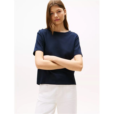 Gold Button-Shoulder T-Shirt
