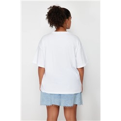 Beyaz Kalp Aksesuar Detaylı Oversize %100 Pamuk Örme T-shirt TBBSS24BF00008