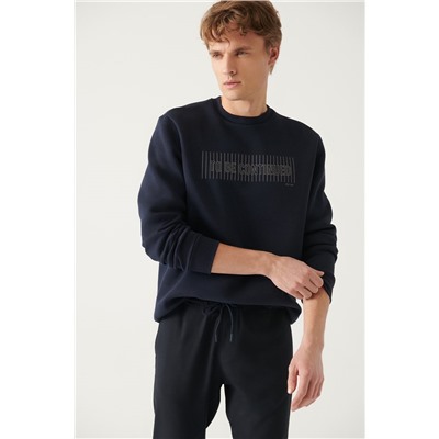 Lacivert Bisiklet Yaka 3 İplik İçi Polarlı Baskılı Regular Fit Standart Kesim Sweatshirt