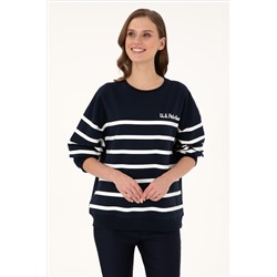 Kadın Lacivert Çizgili Bisiklet Yaka Sweatshirt
