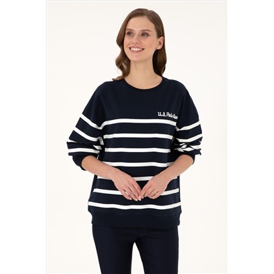 Kadın Lacivert Çizgili Bisiklet Yaka Sweatshirt
