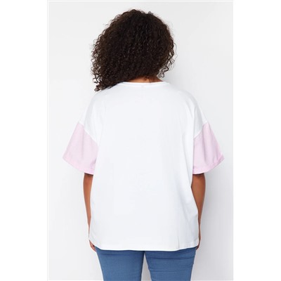Pembe Çizgili Baskılı Oversize %100 Pamuk Örme T-shirt TBBSS24BF00017
