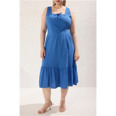 Mavi Kare Yaka A-Line Dokuma Elbise TBBSS24AH00075