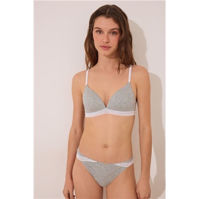 Tanga tira algodón canalé encaje gris
