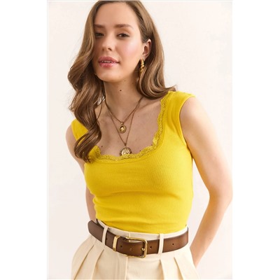 Olalook, Kadın Sarı U Yaka Dantel Detaylı Esnek Pamuk Bluz BLZ-19002955