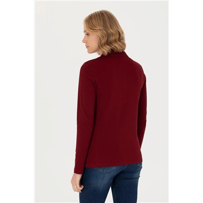 Kadın Bordo Basic Polo Yaka Sweatshirt