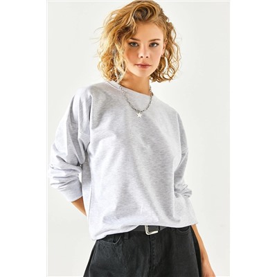 Olalook Kadın Gri Melanj Basic Yumuşak Dokulu Salaş Sweatshirt SWT-19000457